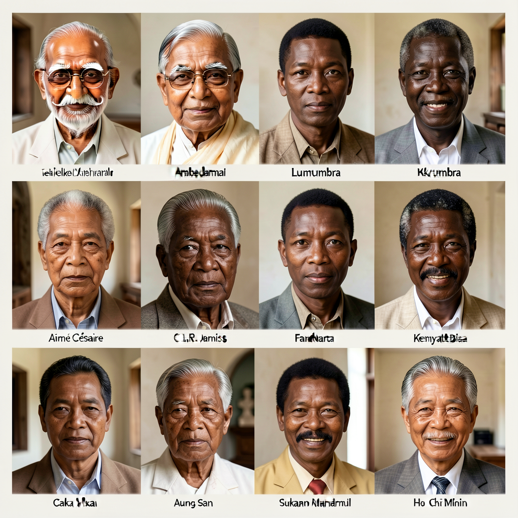8-portrait composite + 1-line bio each: Gandhi + Nehru + Ambedkar + Nkrumah + Lumumba + Fanon + Kenyatta + Mandela + sup