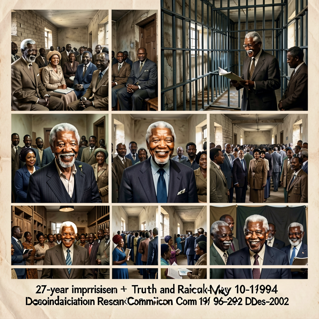 Composite: Mandela Rivonia Trial Pretoria 1963-64 + Robben Island prison cell + Mandela release Feb 11 1990 with Winnie 