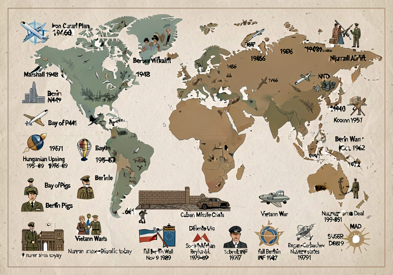 36x48 timeline + world map; Iron Curtain 1946 + Marshall Plan 1948 + Berlin Airlift 1948-49 + NATO 1949 + Korean War 195