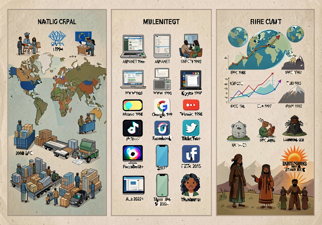 24x36 3-panel poster: LEFT globalization (NAFTA 1994 + WTO 1995 + EU + 2008 GFC + supply chains); MIDDLE Internet (ARPAN
