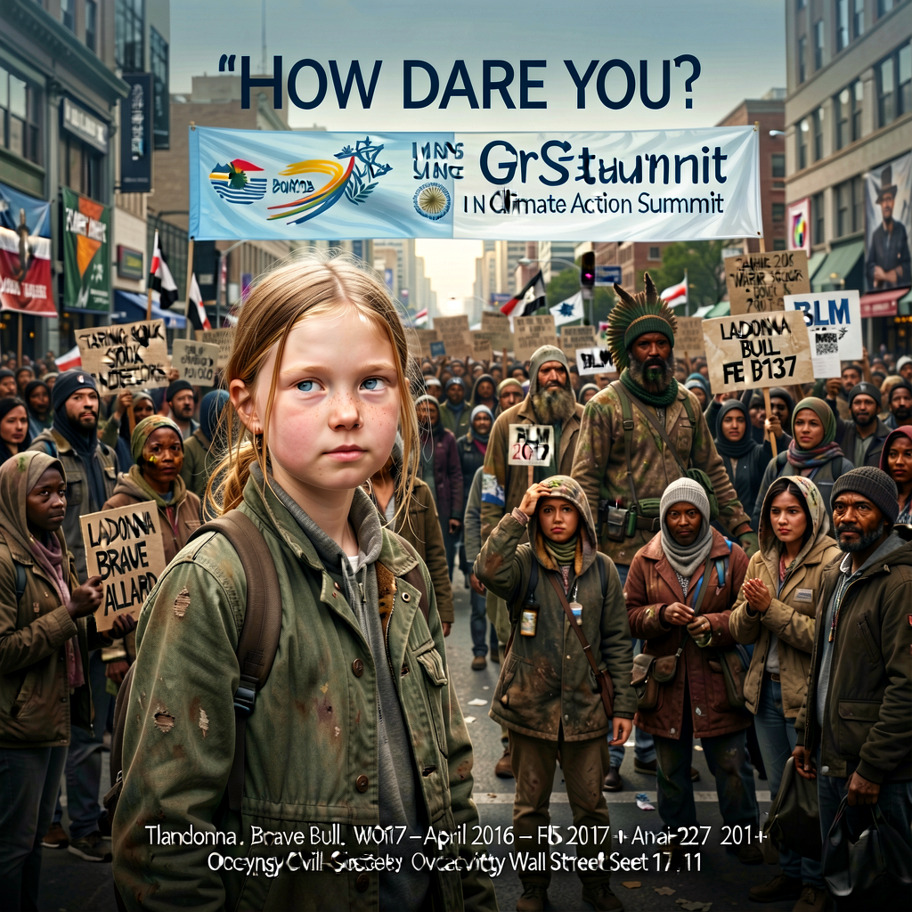 Composite: Greta Thunberg UN Climate Action Summit Sept 23 2019 'How dare you?' + Standing Rock Sioux Water Protectors A