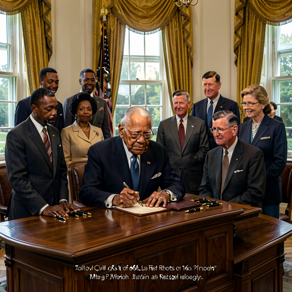 Photograph LBJ signing Civil Rights Act of 1964 in East Room of White House July 2 1964 with MLK + Rosa Parks + Roy Wilk