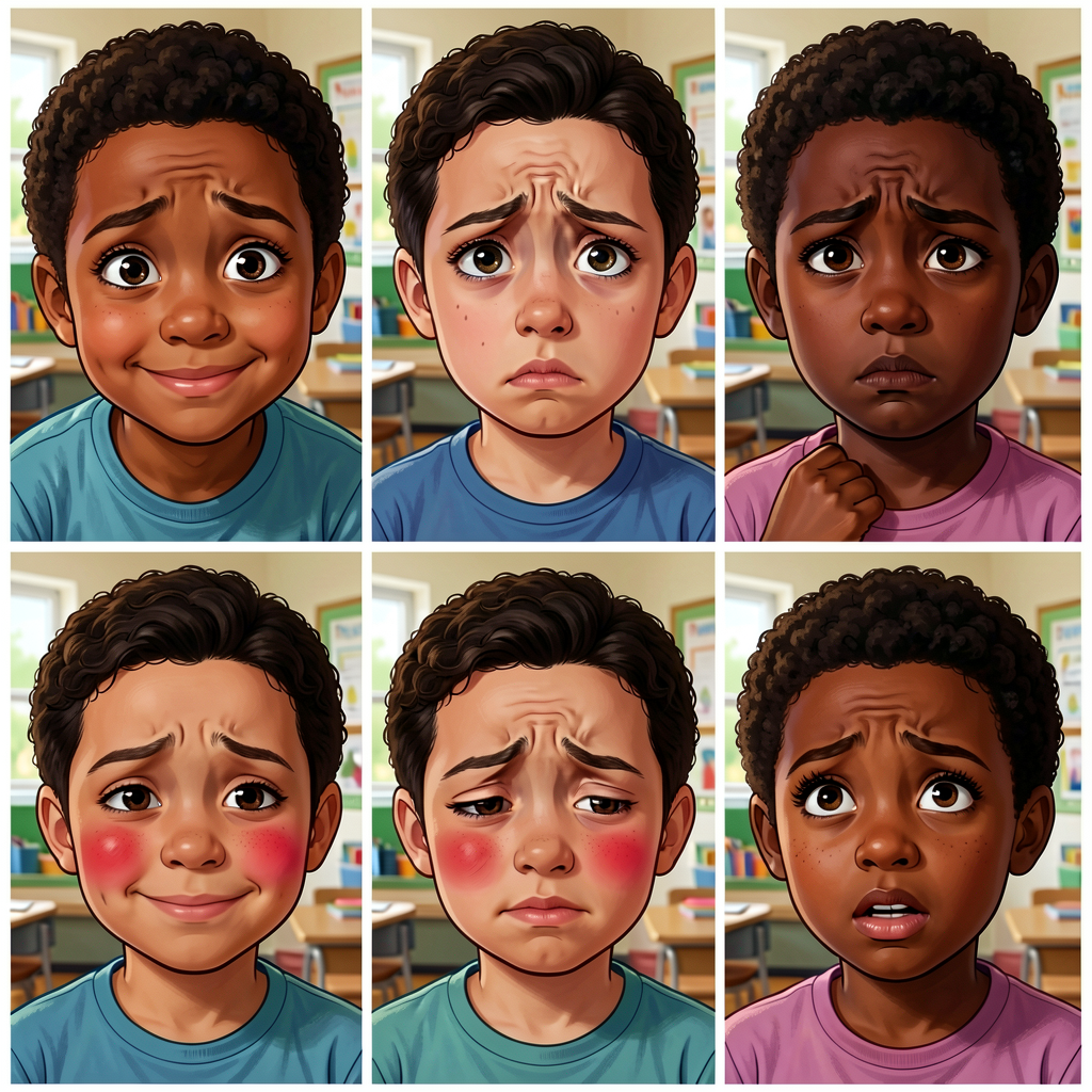 Photo grid 3x2 of 6 faces: (1) curious — raised eyebrows, half-smile, leaning forward; (2) anxious — slight forehead cre