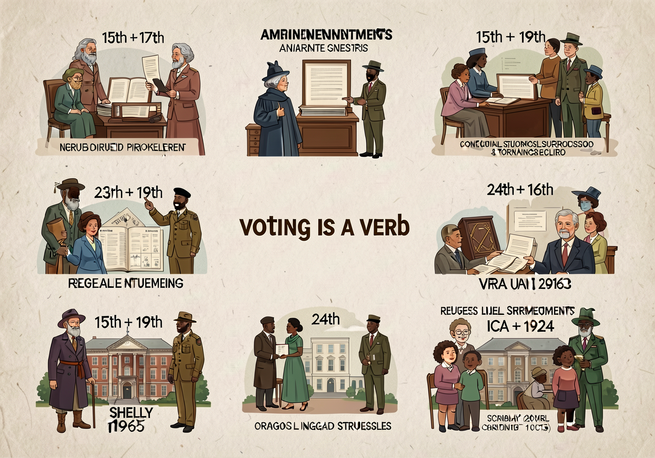 24x60 wall chart; 7 amendments (15th + 17th + 19th + 23rd + 24th + 26th + ICA 1924) + VRA 1965 + Shelby 2013 contraction