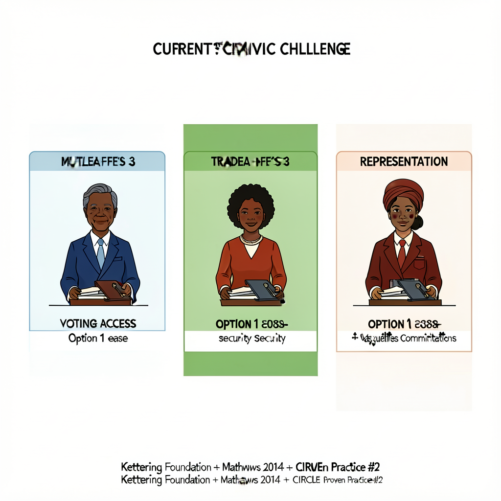 18x24 template; 1 current civic challenge framed as 3 mutually-incompatible options with trade-offs + value commitments;
