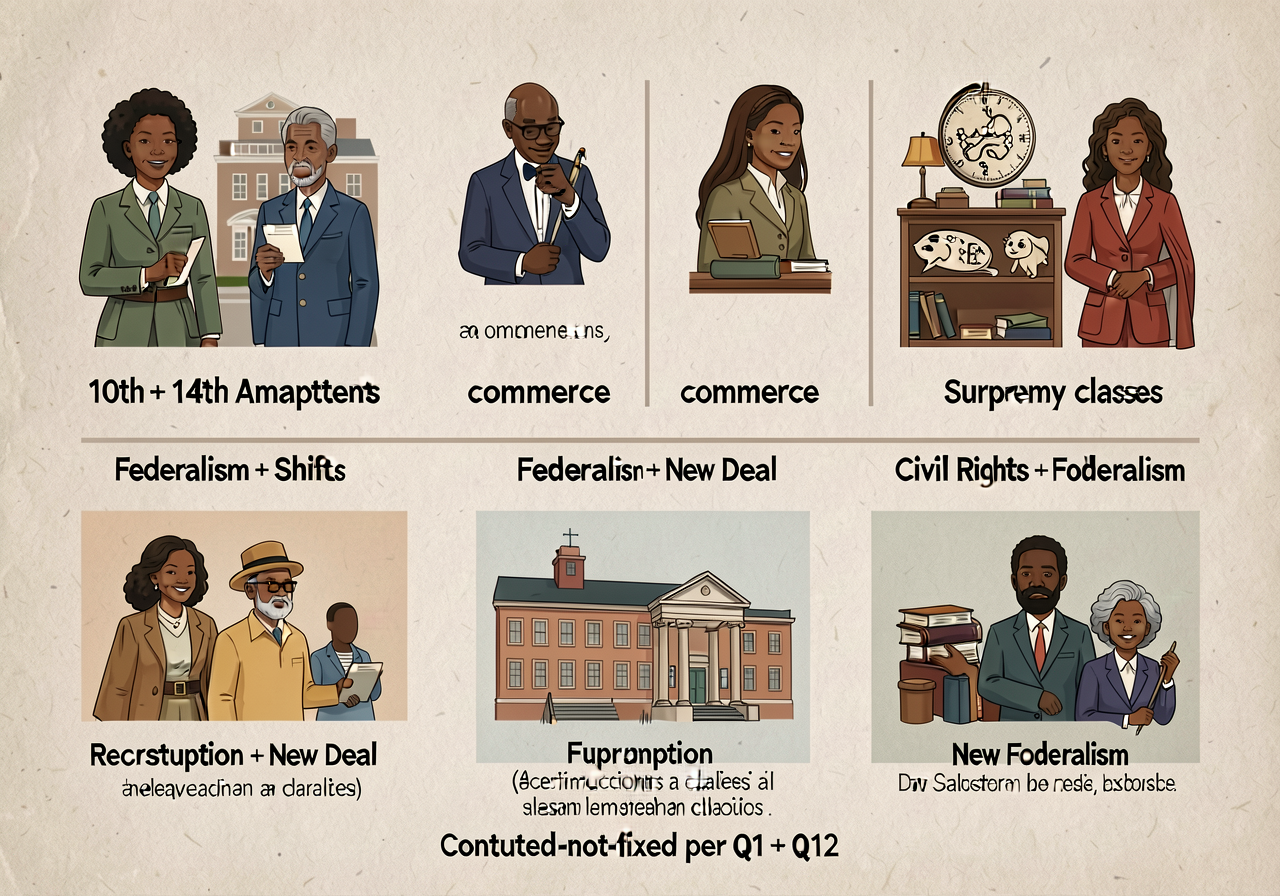 18x24 chart: 10th + 14th Amendments + commerce + supremacy clauses + federalism shifts (Reconstruction + New Deal + Civi