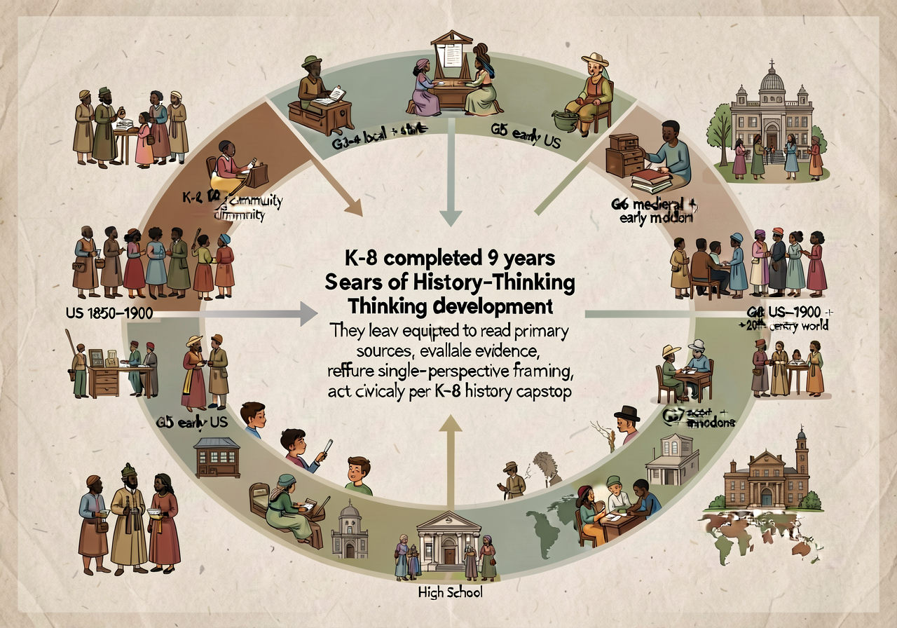 Visual map of K-8 history sequence (K-2 family + community → G3-4 local + state → G5 early US → G6 ancient civilizations
