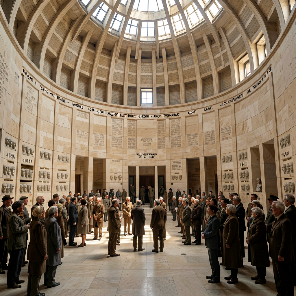 Reference photograph of Yad Vashem Hall of Names rotunda Jerusalem with caption naming Pages of Testimony 4.5M+ recovere