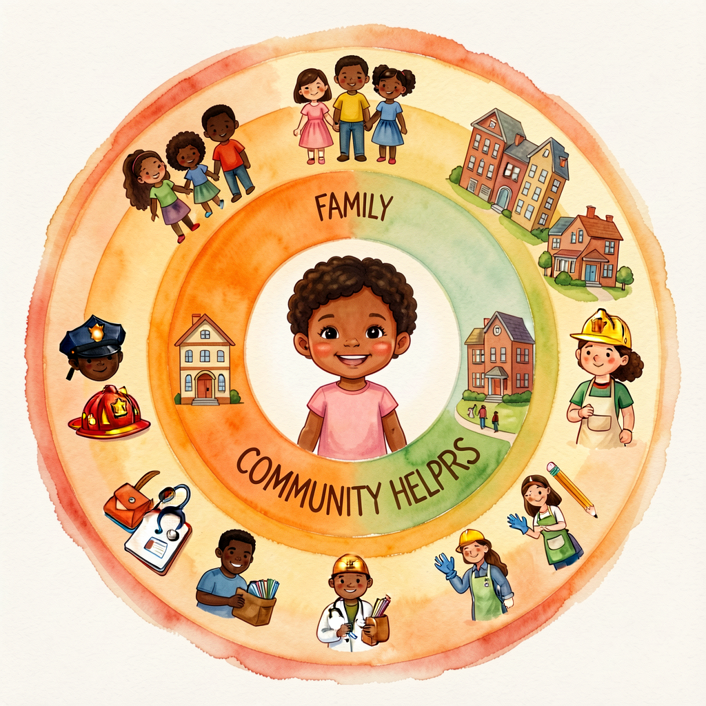 Unit-opener: a circular concentric-rings diagram with a smiling kindergartner at the center, the next ring labeled FAMIL
