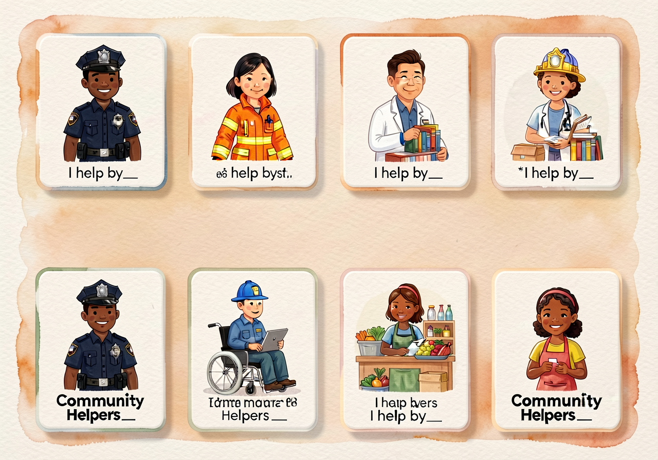 Community Helpers Wall — eight 8x8-inch photo cards, each showing a real helper (police officer of color, female firefig