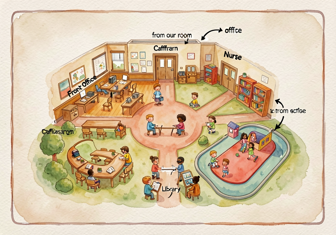 Classroom map of our school — drawn from a child's eye view at child-height, labeling our classroom, the front office, t