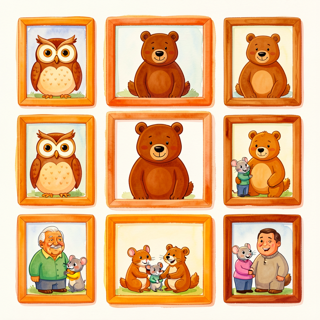 Reproduction of the Suzanne Lang cover art — multiple animal-family portraits in picture frames arranged in a grid (two-