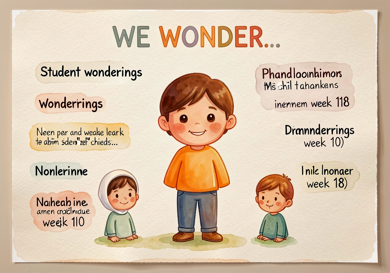36x48-inch chart paper, headed 'WE WONDER...' in 4-inch sans-serif letters. Student wonderings added in marker as the te