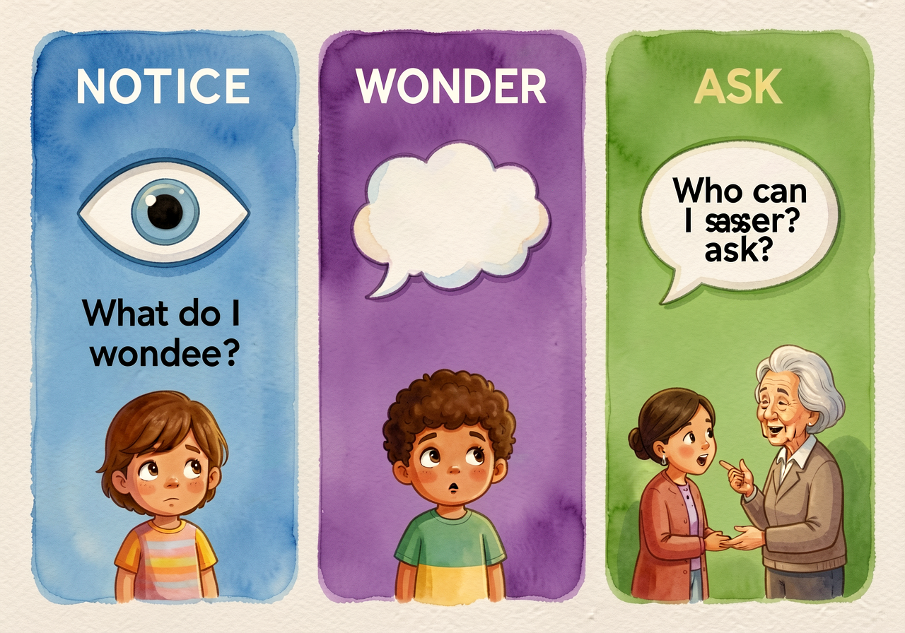 24x36-inch poster, three vertical bands. Band 1 NOTICE: large eye icon, sentence 'What do I see?' in 32pt sans-serif, ph
