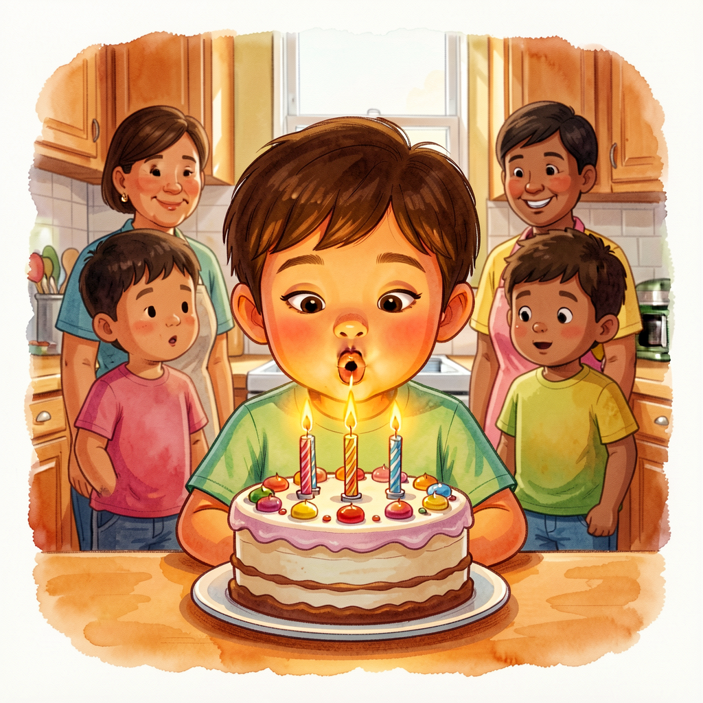 A real or staged photograph: a child blowing out a 7-candle on a birthday cake, with three other family members visible 