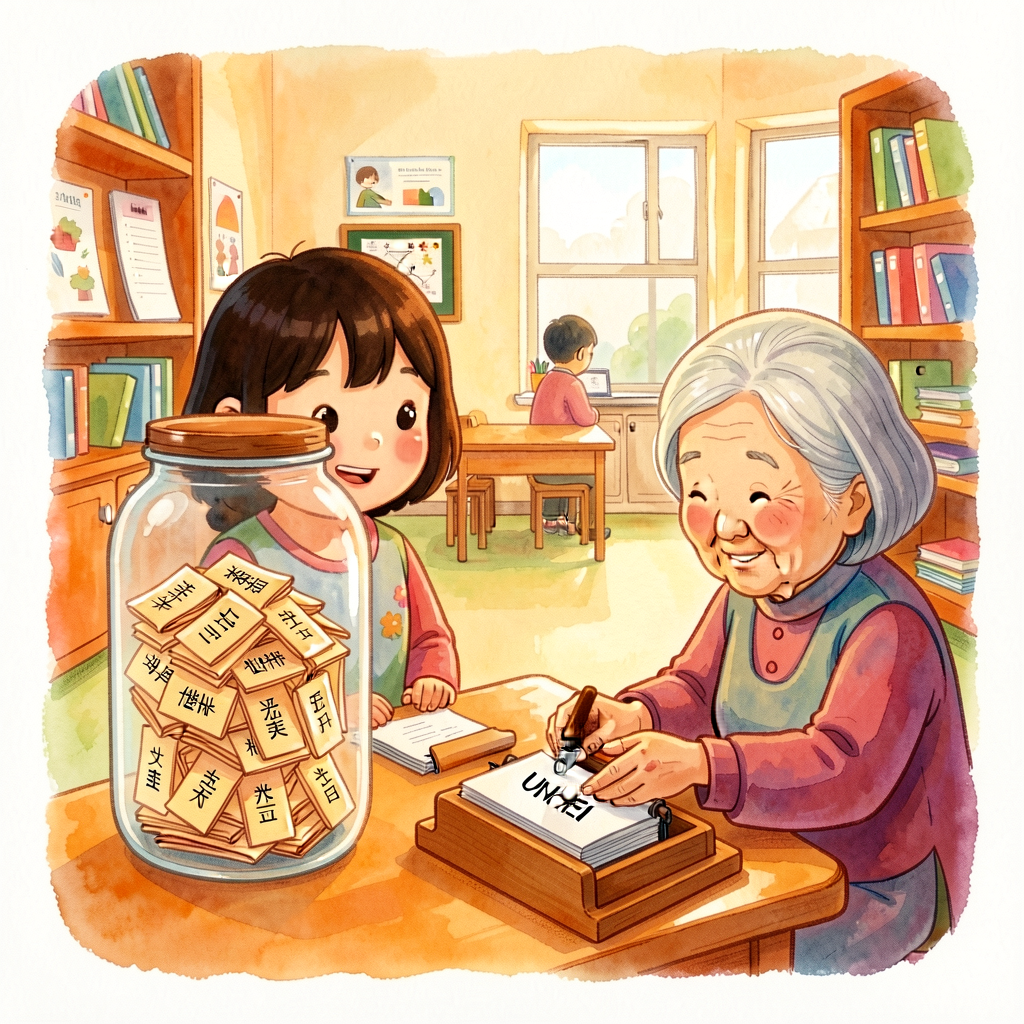 Reproduction of Yangsook Choi's cover art — Unhei in front of a glass jar of name slips, with a school setting behind. P