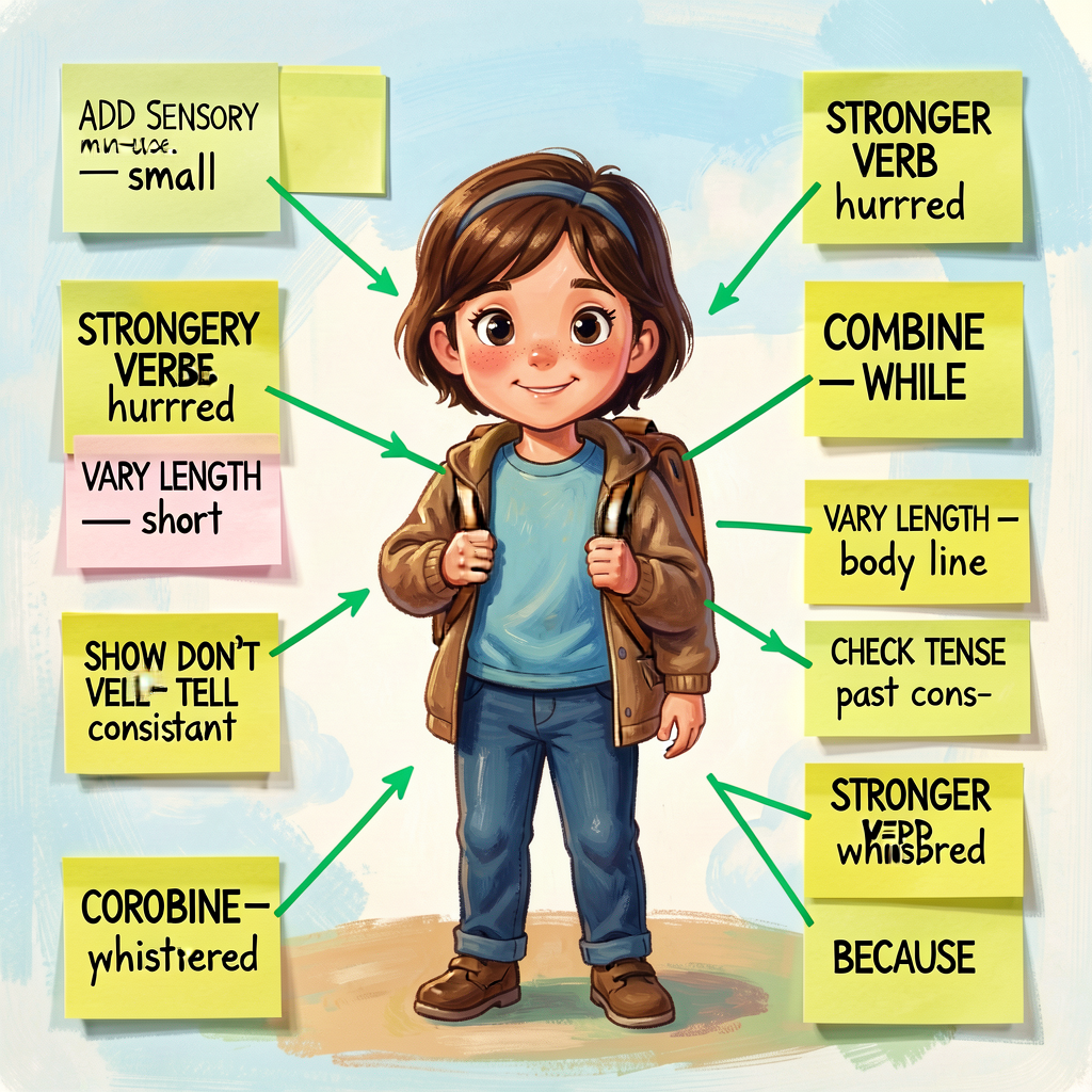 Reference image of a Grade-3 4-paragraph narrative draft with 8 margin sticky-notes (one per applied move, plus 2 extras