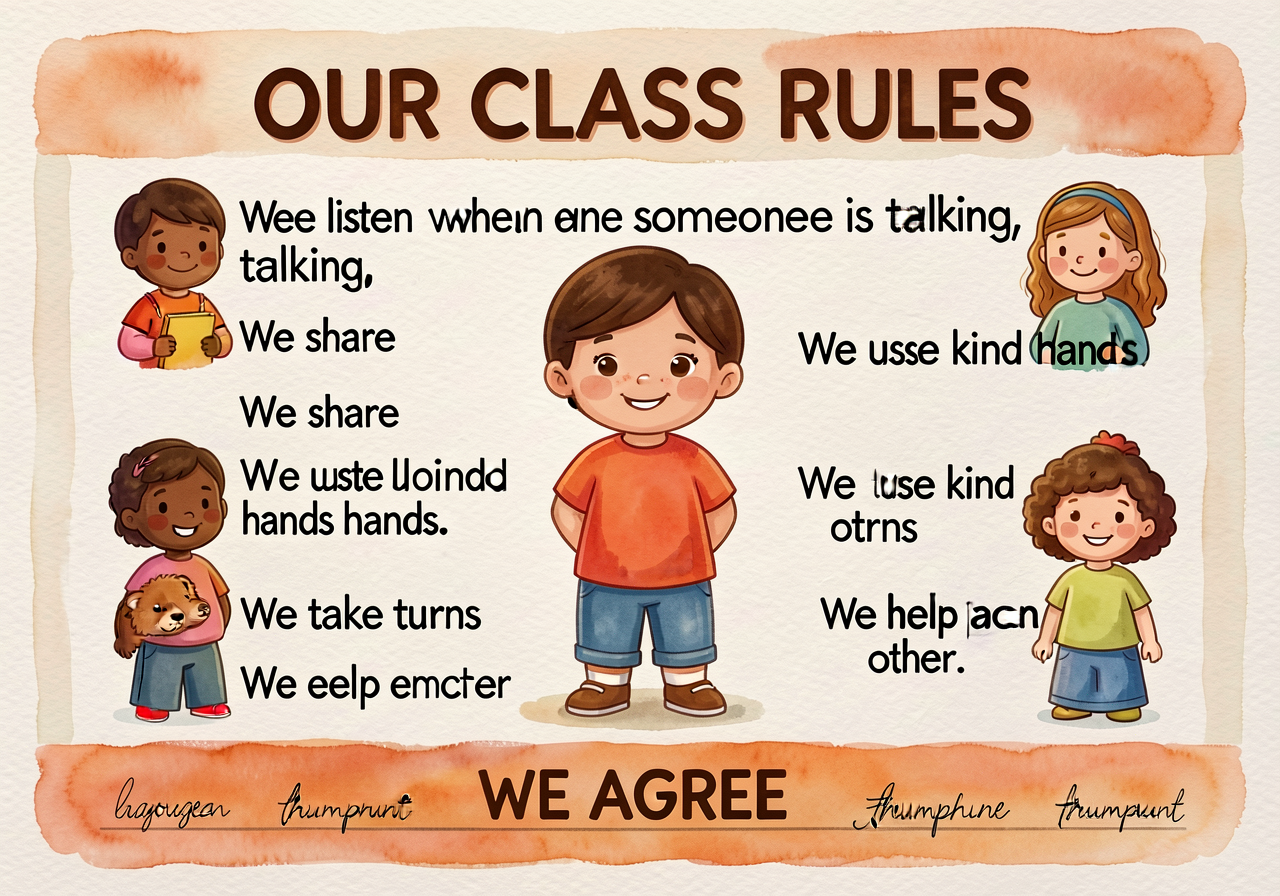 36x48-inch chart paper. Header 'OUR CLASS RULES' in 4-inch letters. 5-6 student-generated rules in 28pt sans-serif (typi