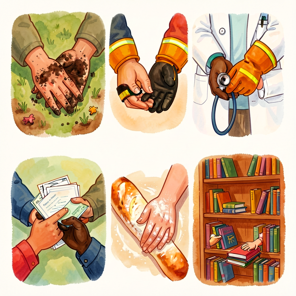 Reproduction of Miranda Paul's hands spreads — 6 large hand-photos in close-up: dirt-covered gardener's hands, gloved fi
