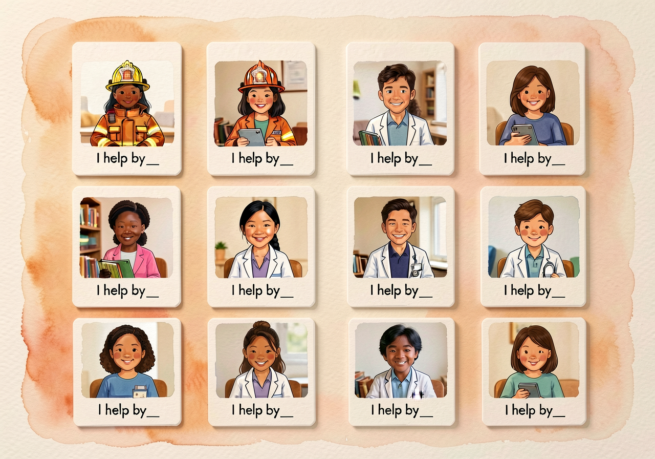 5-foot-wide wall display, 8 helper-photo cards in a 4x2 grid. Each card: real photo of a helper (deliberately disrupting