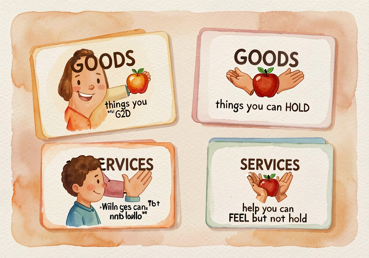 Two 6x8-inch cards added to the Word Wall. GOODS card: word in 32pt, icon of hand holding apple, definition 'things you 