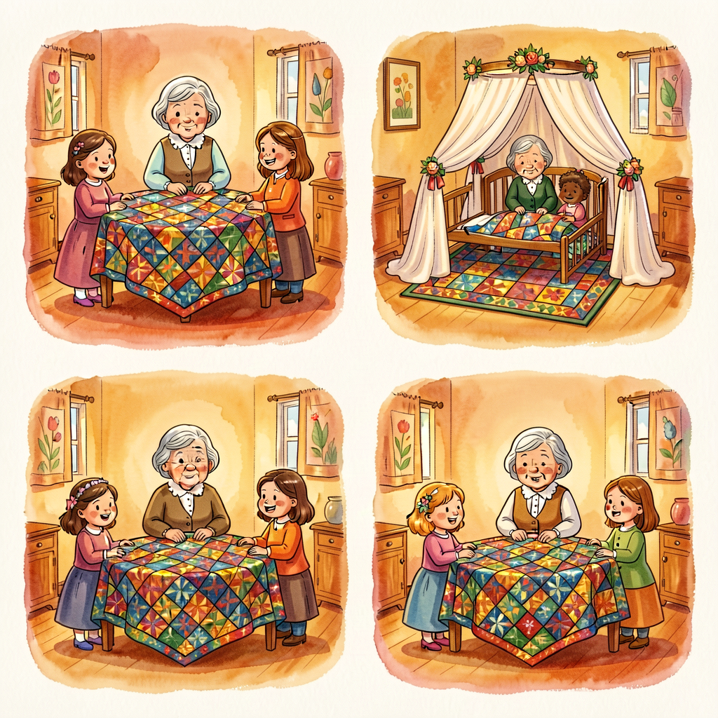 Reproduction of Patricia Polacco's hand-drawn-style interior spreads, showing the quilt at four life events across four 