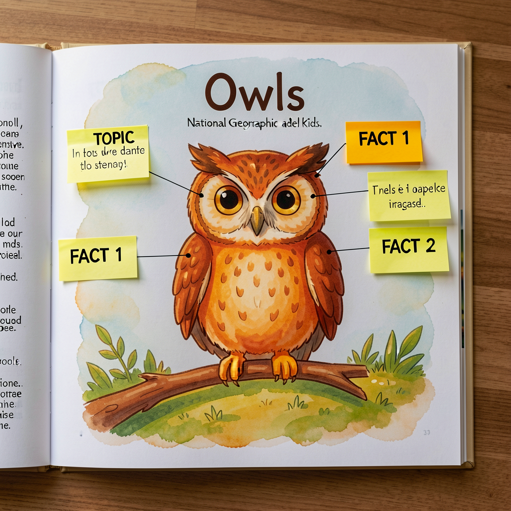 Photo of a Grade-1-level informational book spread (e.g., 'Owls' from National Geographic Kids). Sticky notes labeled TO