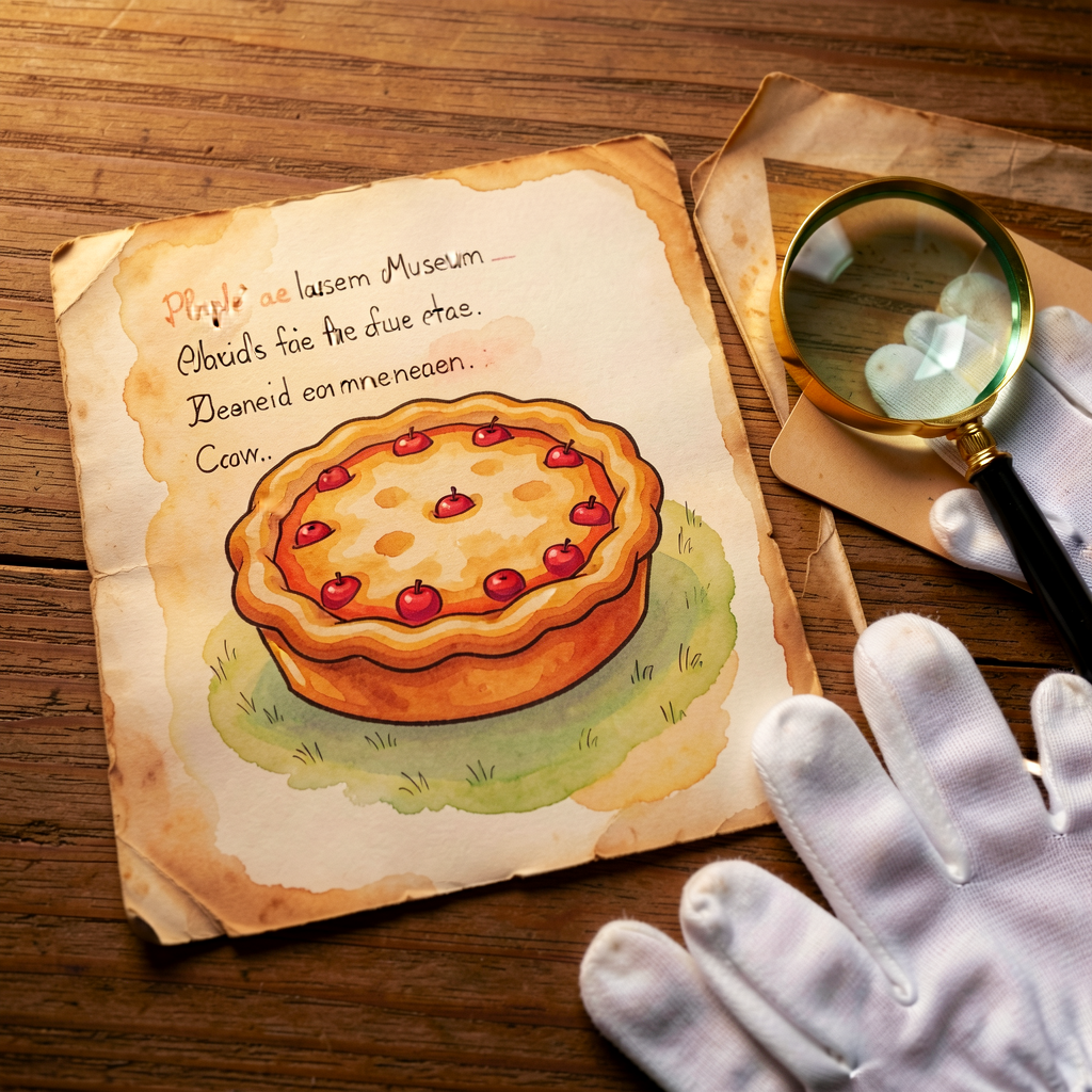 Documentary photo: a worn, hand-written recipe card (e.g., apple pie) on a wooden surface, beside a completed museum car