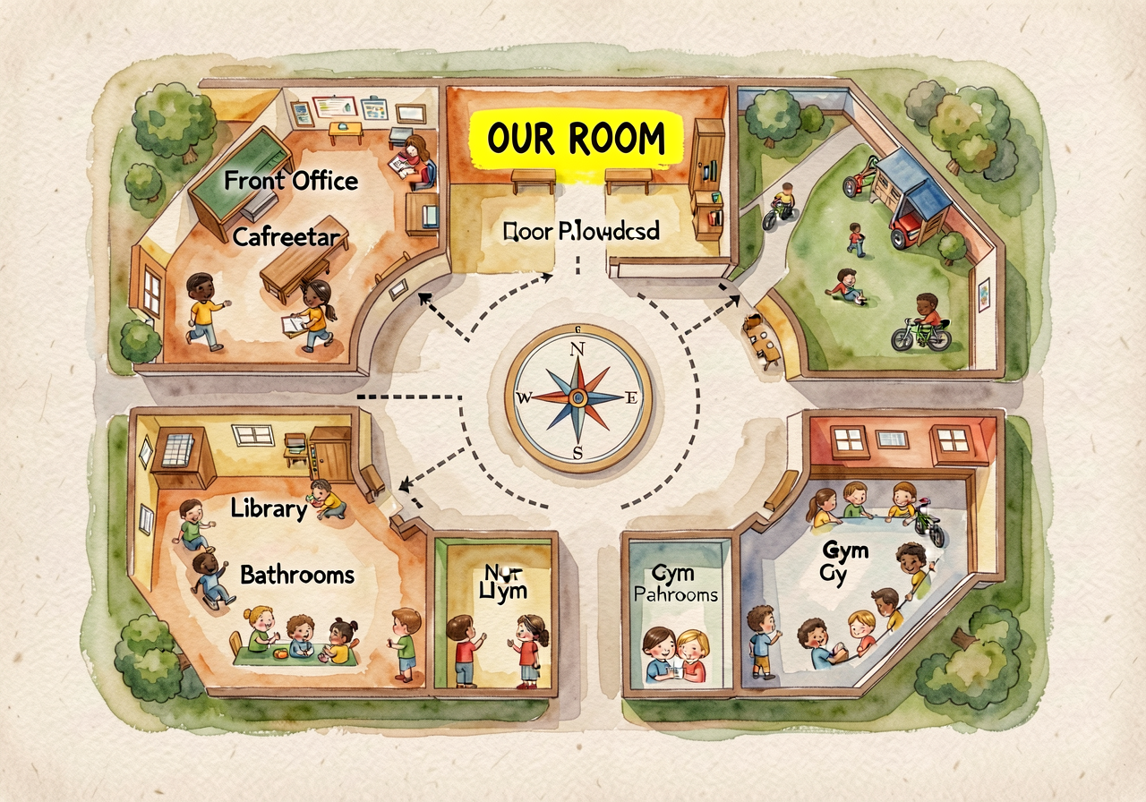 24x36-inch hand-drawn watercolor map of the school, rendered from a child's-eye top-down perspective. Labels in 28pt san