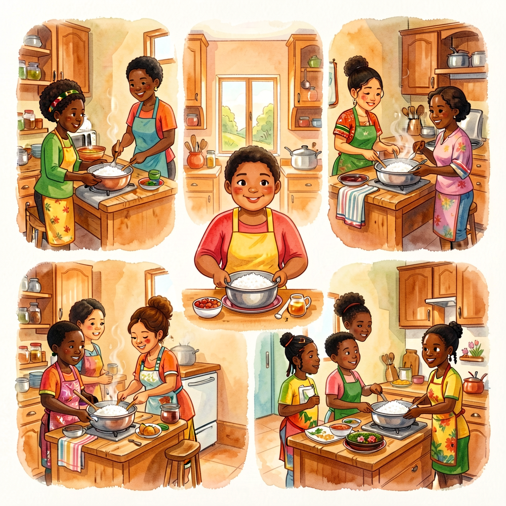 Reproduction of Norah Dooley's interior spreads: 8 family kitchens, each cooking rice in their tradition (Barbados, Puer
