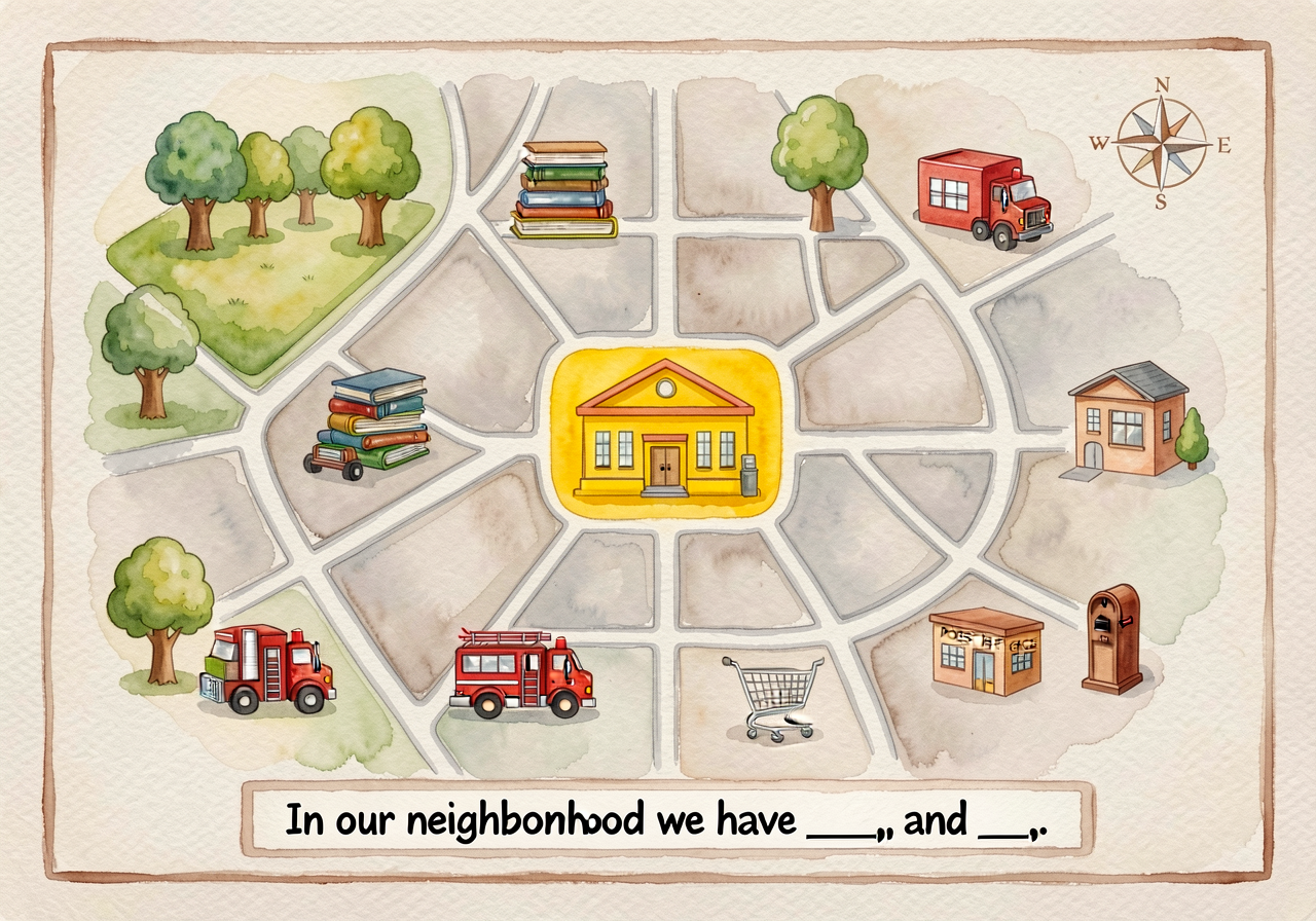 24x36-inch teacher-drawn watercolor map. Streets in light grey, school highlighted yellow at center. 5-8 neighborhood fe