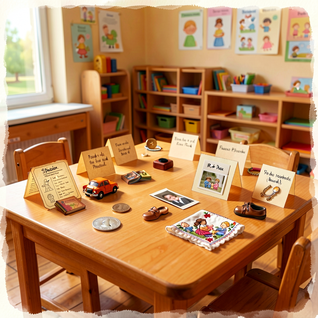 Documentary photo of a kindergarten classroom table covered with 18-24 small family objects, each with a hand-written mu