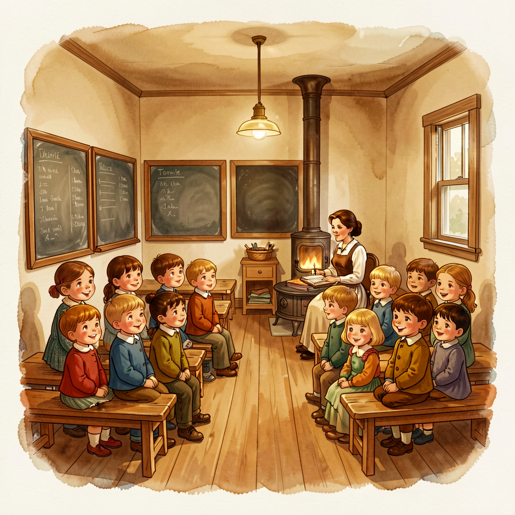 Public-domain late-19th-century photograph: a one-room schoolhouse with 15-20 children of varied ages, one teacher, wood