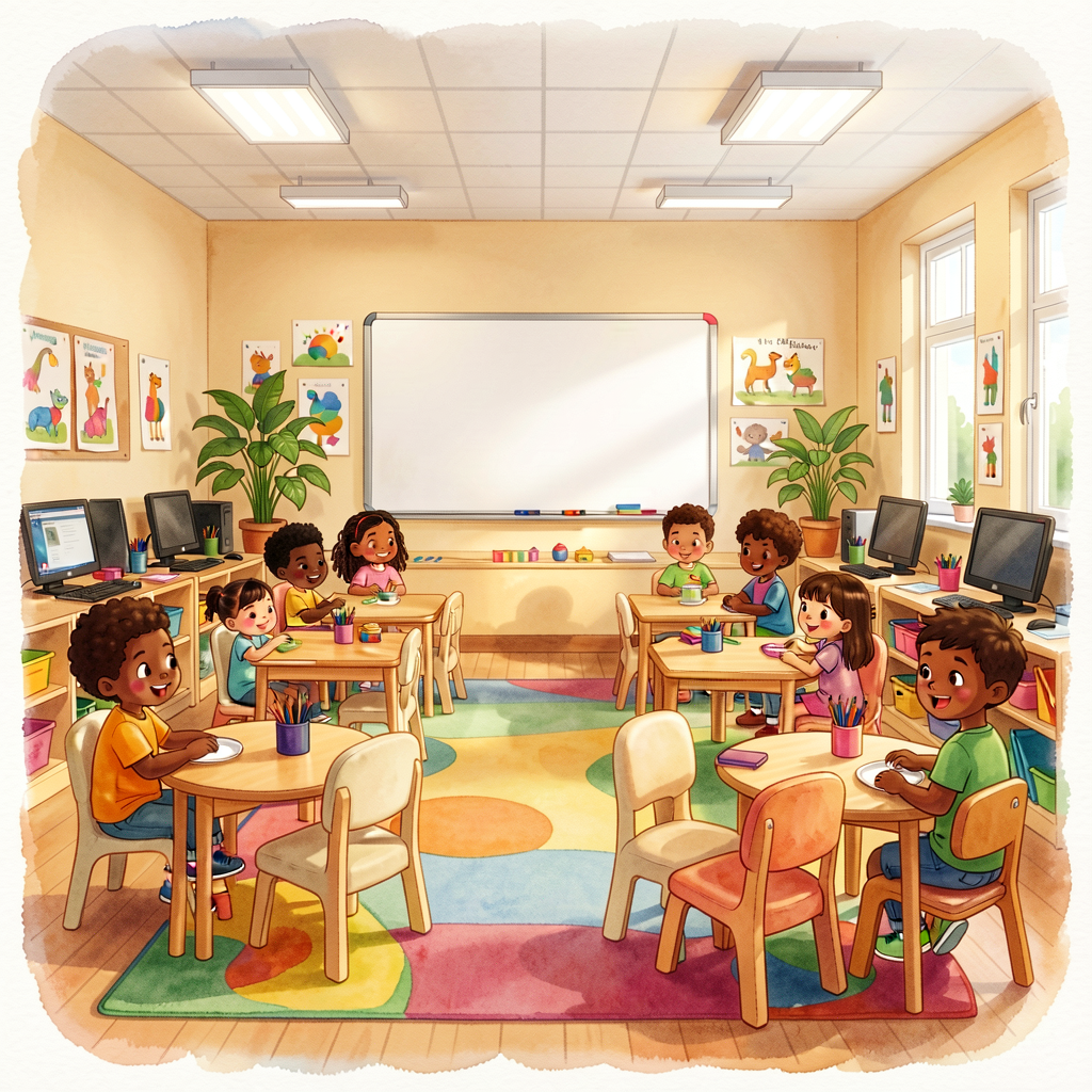 Current-day color photograph of a kindergarten classroom (same age range as the old photo for fair comparison): tables, 