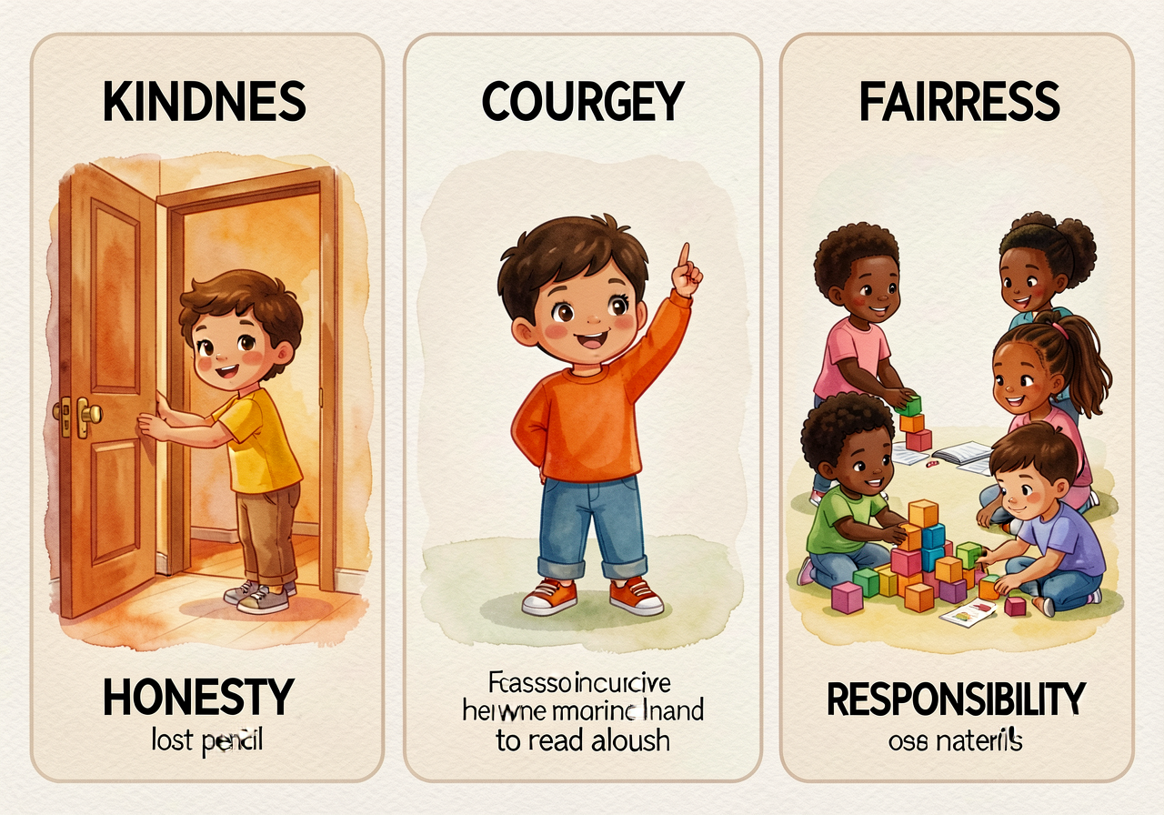24x36-inch poster, 5 vertical bands. Each band: one virtue word in 32pt sans-serif at top, photo of a child showing the 