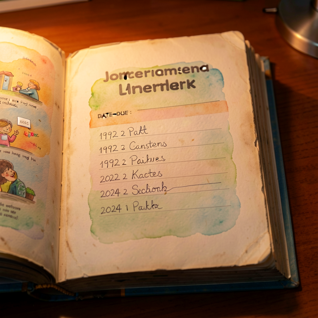 Close-up photo of a worn library book opened to the inside-front-cover, where a date-due slip shows handwritten names fr