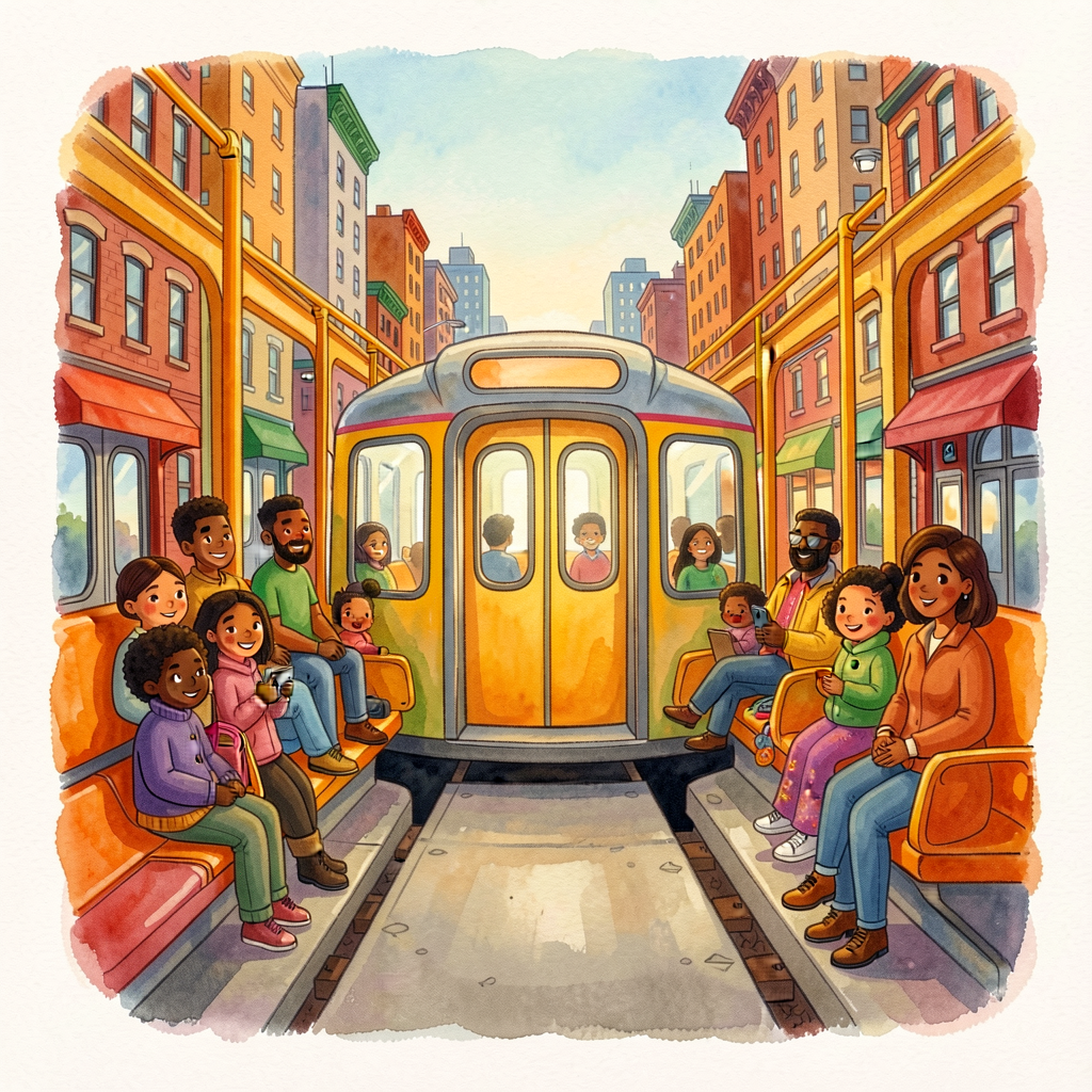 Reproduction of a Selina Alko interior spread from My Subway Ride — diverse urban riders, multi-cultural cityscape, vibr