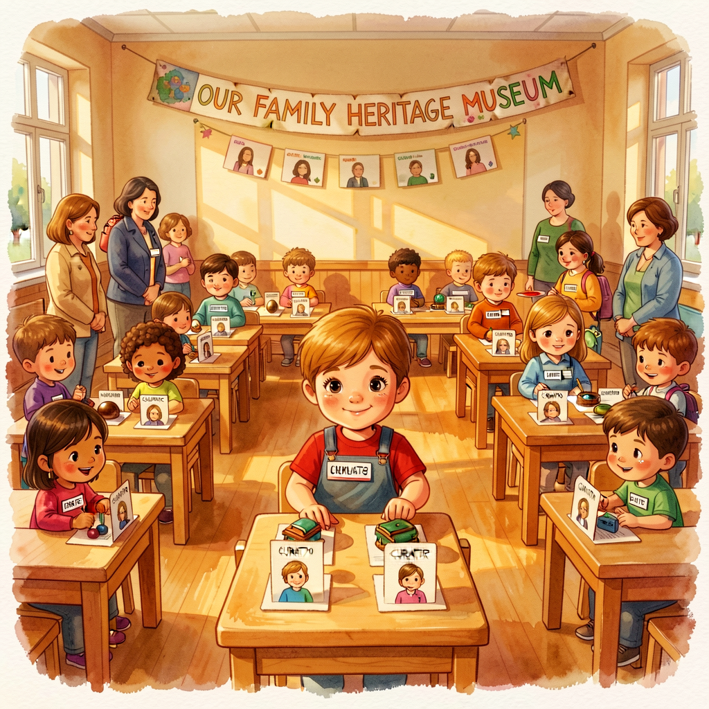 Documentary photo of a kindergarten classroom at the Family Heritage Museum opening: 18-24 stations, each with one child