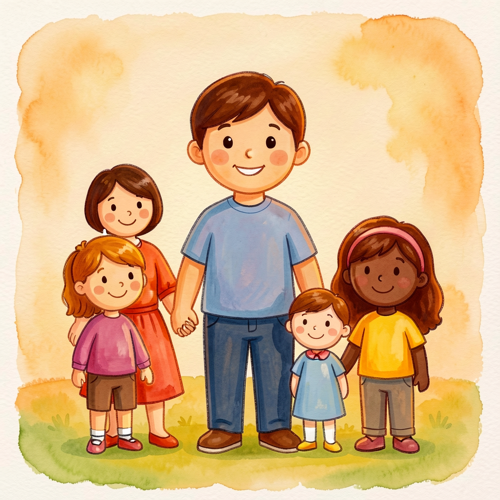 Sample family-portrait drawing by a kindergartner with stick figures and pencil labels — used as anchor exemplar.