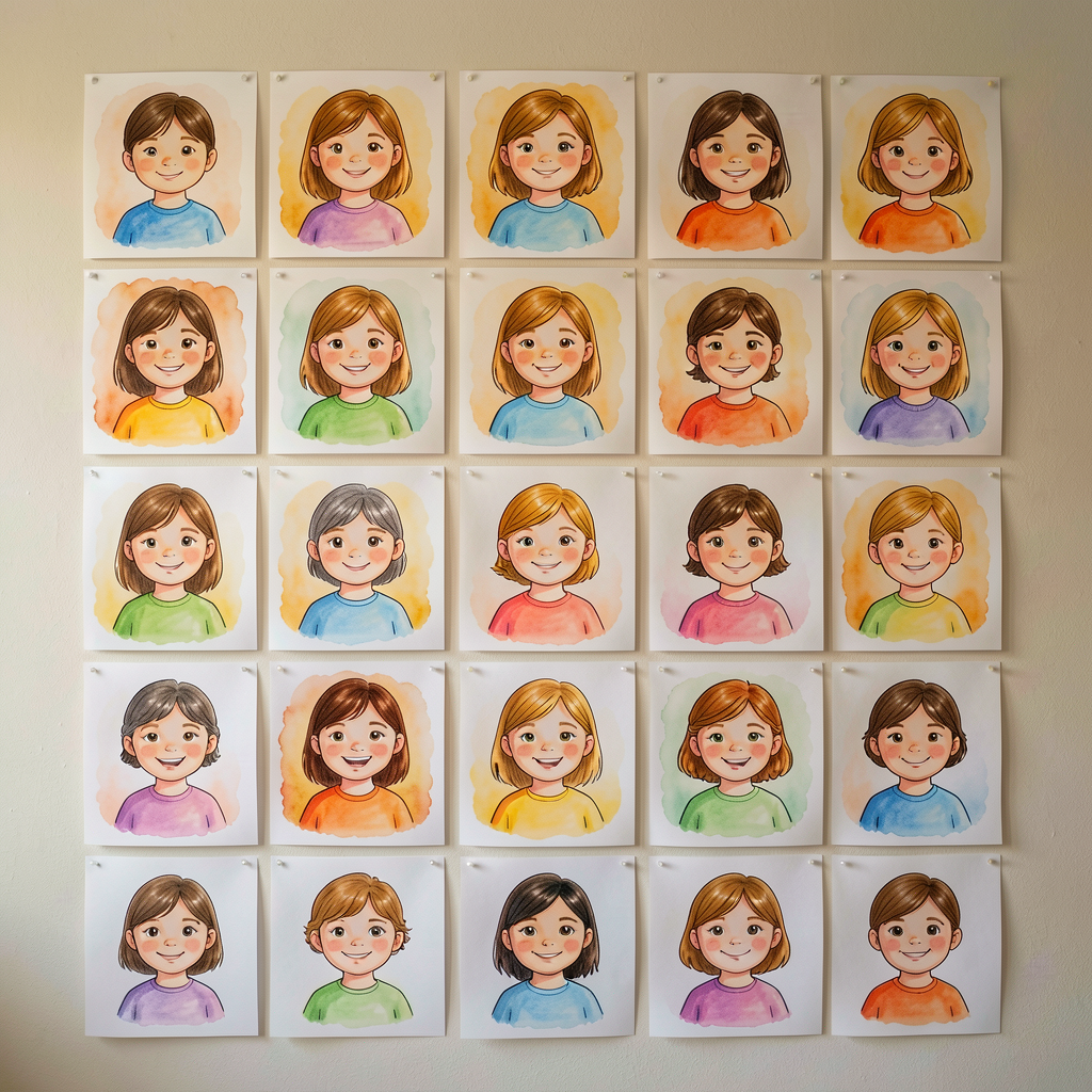 Wall display of class family-portrait drawings, 18-24 child-drawn portraits arranged in a 6x4 grid.
