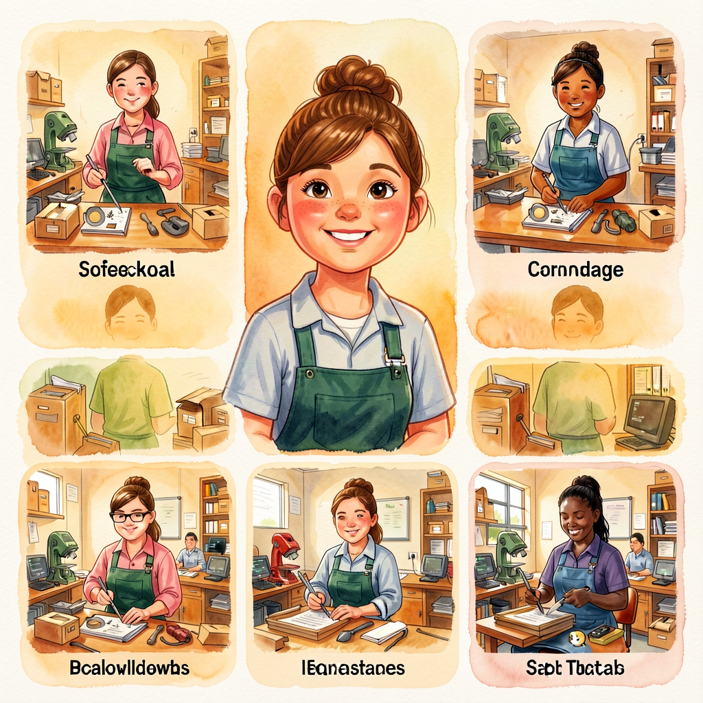 6 real-photo cards (4x6 inches each) of the school's actual workers in their work setting — captioned with job title in 
