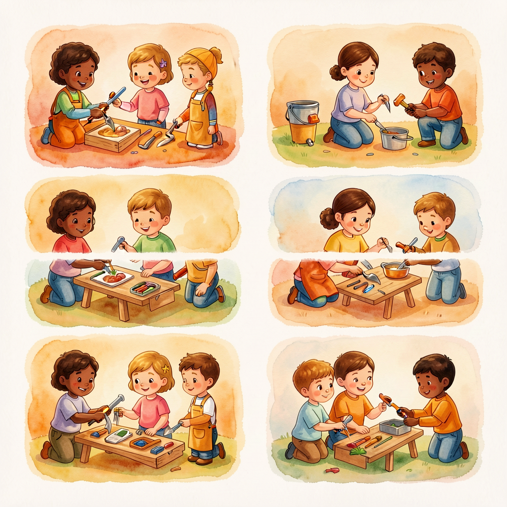 Reference image: 8 tool photos arranged in a 4x2 grid, each clearly identifiable; helpers shown on a separate matching s