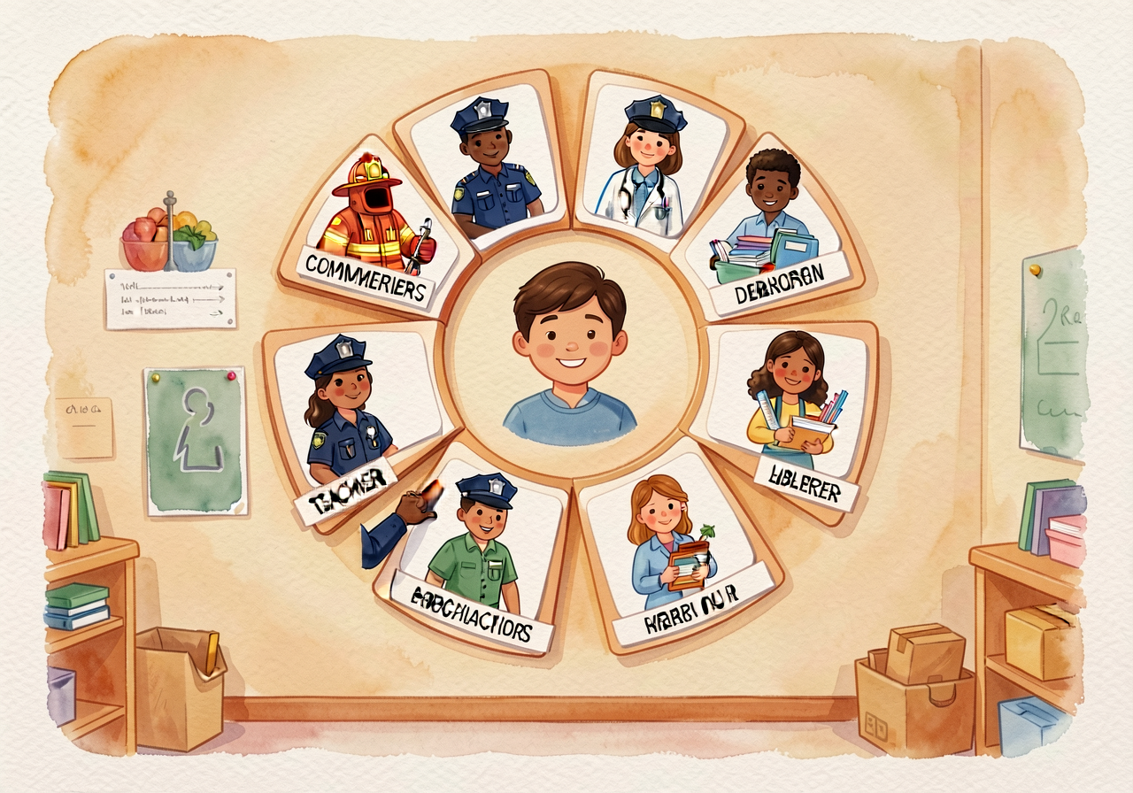MG-3 Community Helpers Wall display visible on the classroom wall during the response — 8 helper photo cards in wheel pa