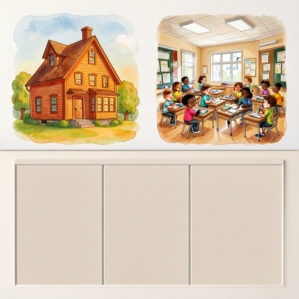 Two photos side-by-side: M-K-F-CHR-13-A (historical schoolhouse) and M-K-F-CHR-13-B (modern classroom). 3-band mat below