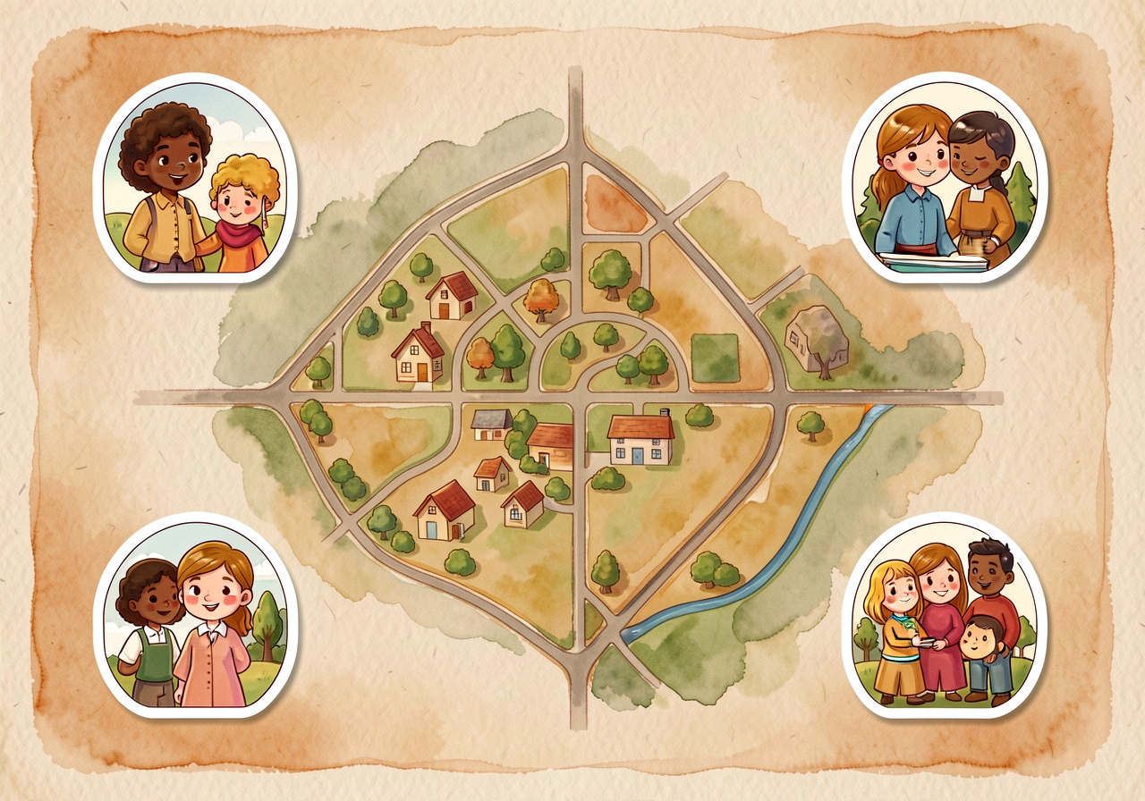 Neighborhood map (M-K-F-GEO-11-B) with 4 icon-sticker types provided.