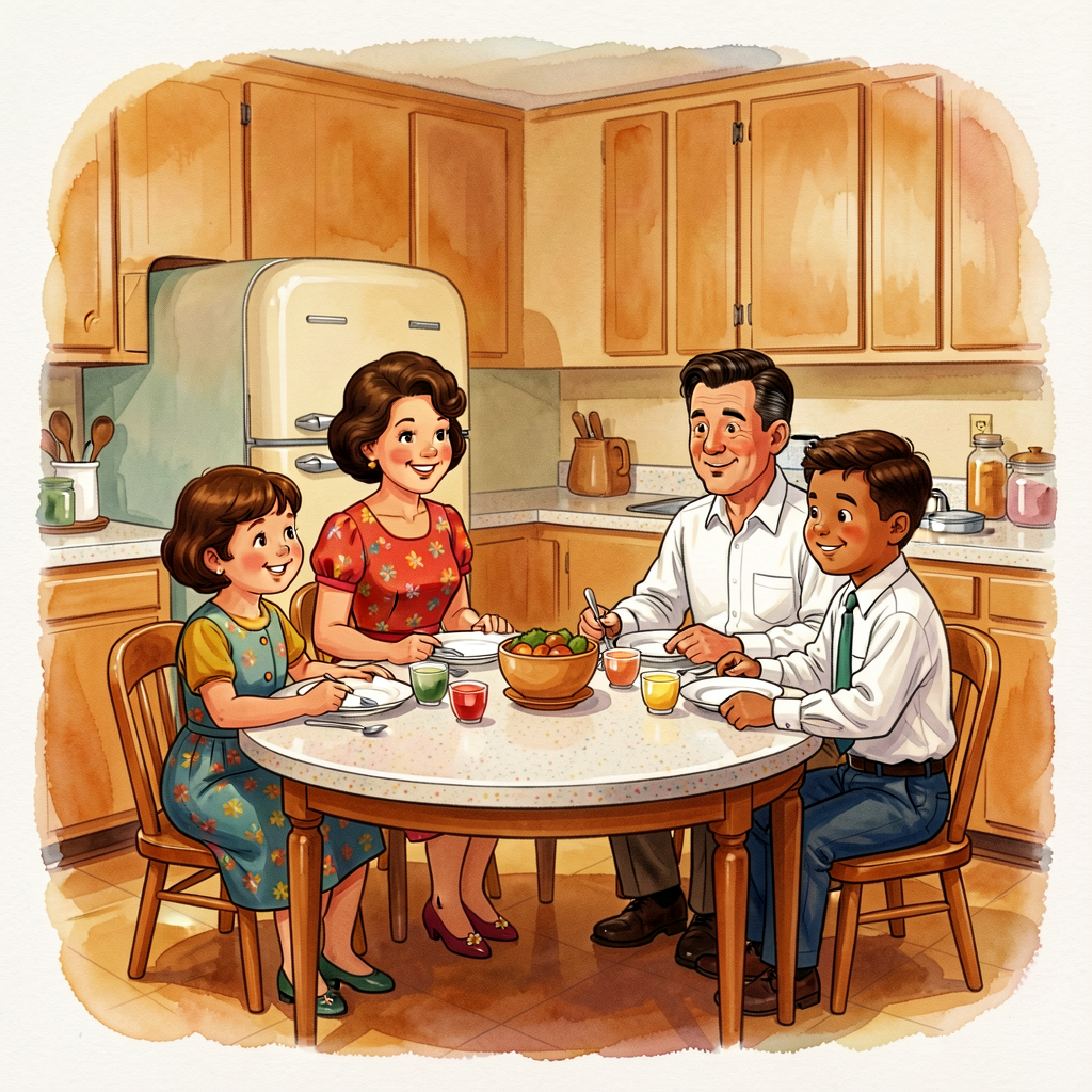 Public-domain 1950s photograph: family of four around a kitchen table, formica counter, refrigerator with rounded corner
