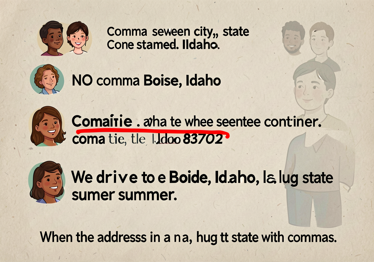 11x17 anchor: 3 numbered rules with examples. Rule 1: comma between city and state ('Boise, Idaho'). Rule 2: NO comma be