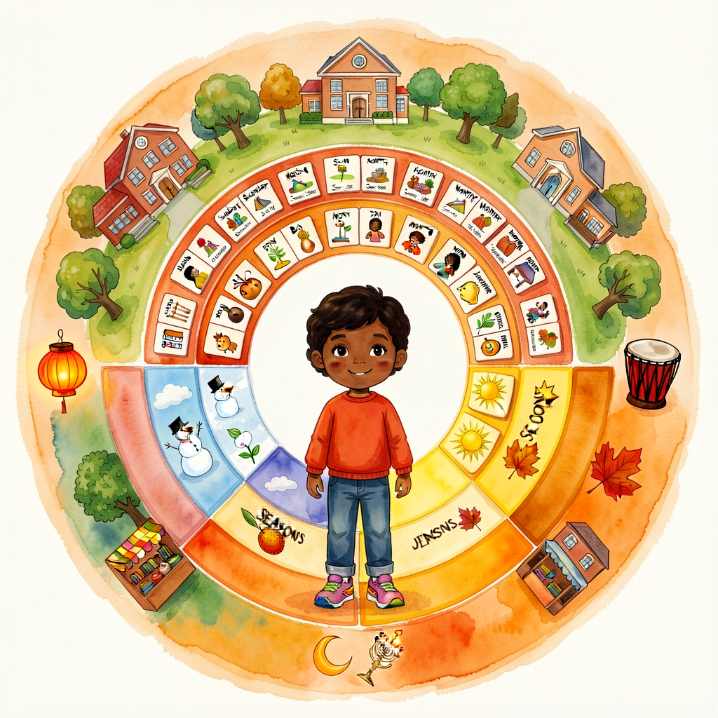 Unit-opener: a kindergartner stands at the center of a 4-band concentric illustration — innermost band CALENDAR (Sunday-
