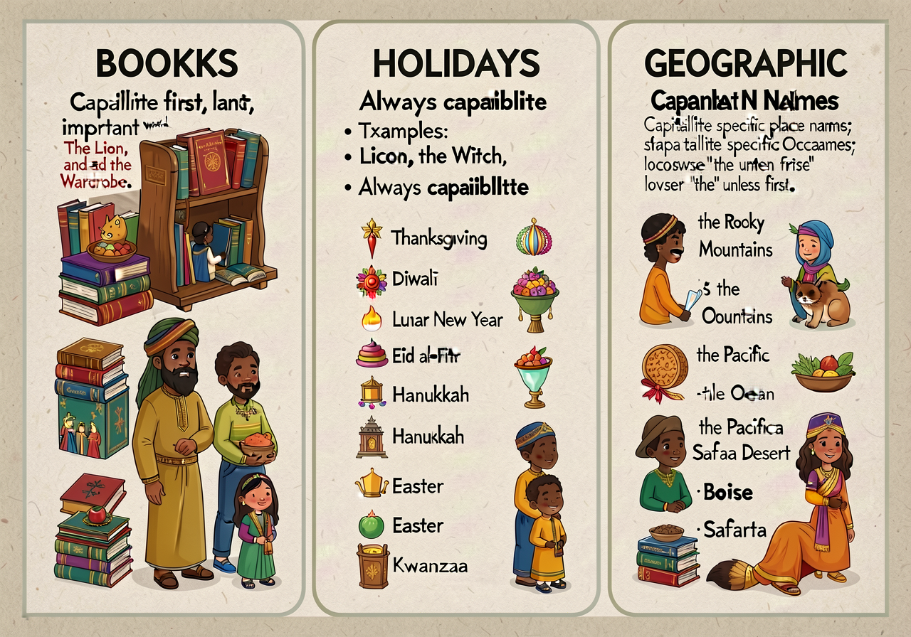 11x17 anchor with 3 sections. Section 1 BOOKS: 'Capitalize first, last, and important words. Skip the, of, and unless fi