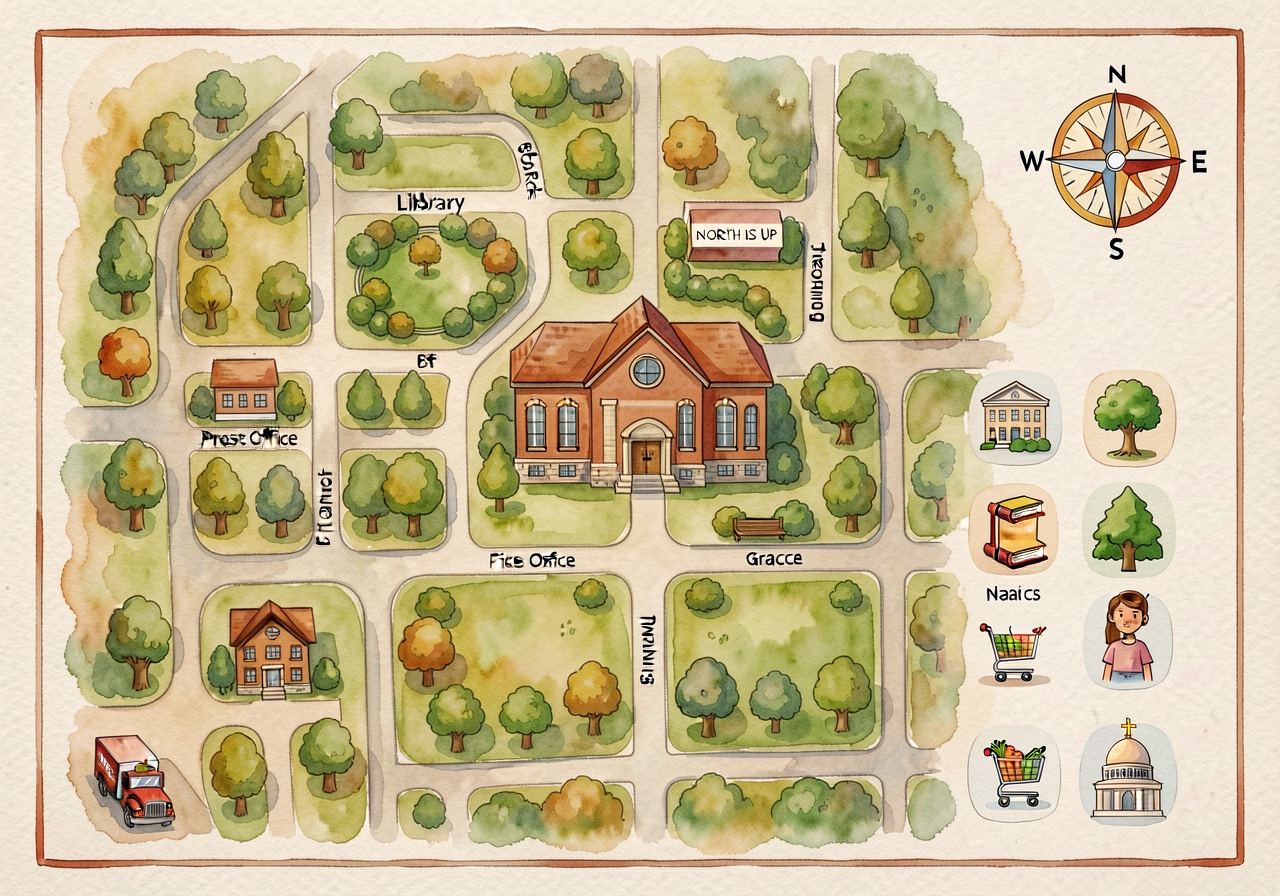 Neighborhood Map Anchor — teacher-drawn 24x36-inch watercolor aerial map of the school's actual neighborhood within a 4-